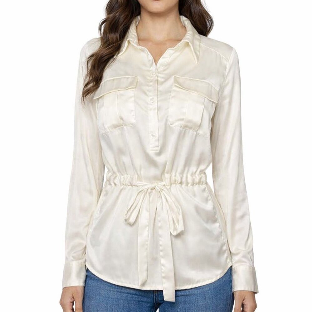 New York & Company Office Siren Cream Utility Drawstring Blouse Sz Small